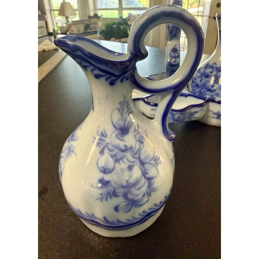 Vintage Pedros Alcobaça Portugal Blue White Cruet Set Oil Vinegar Caddy